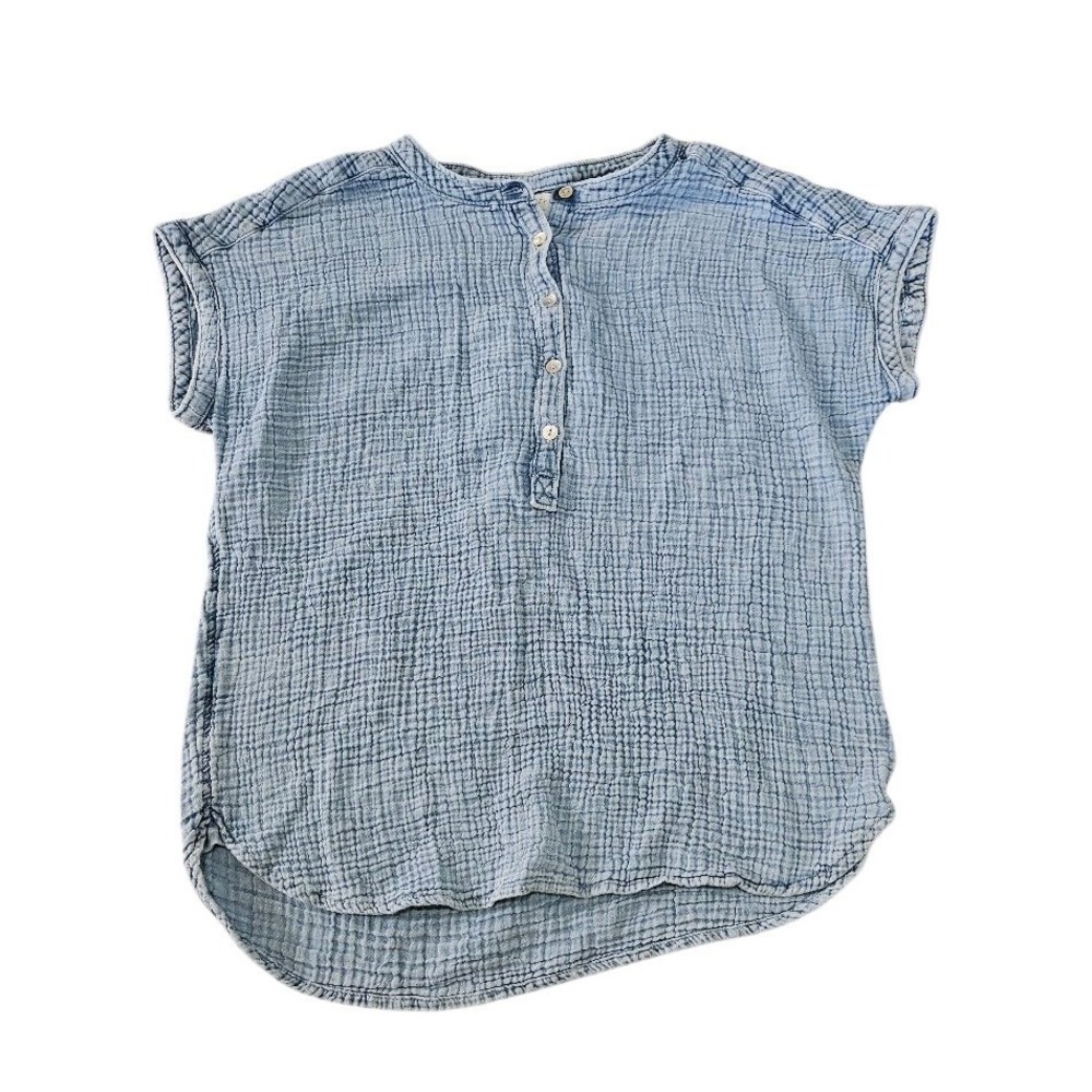 Faherty Top Women XS Indigo Blue Organic Cotton Gauze Henley Short Sleeve